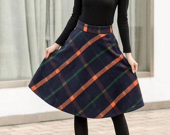 Plaid Wool Skirt Women, Wool midi skirt, Winter Tartan Skirt, High Waist Skirt, Swing Skirt, A Line Circle Skirt, Elastic Waist Skirt 2839#