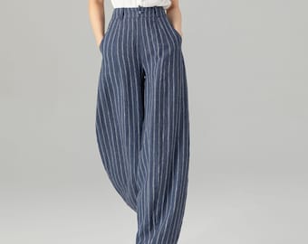 Striped Linen Wide Leg Pants, Womens Baggy Summer Trousers