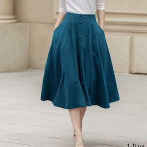 Falda midi de lino azul: hecha a mano, de talle alto y corte en A con bolsillos, personalizada, Xiaolizi 5972