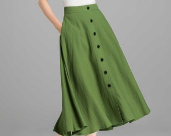 Button-Down Linen Midi skirt, A-Line swing skirt, Linen skirt, Green skirt, Women skirt, High waisted Skirt with pockets, Summer skirt 2368#