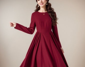 Fit and flare burgundy wool dress women 4545 Fit and flare burgundy wool dress women 4545