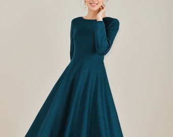 Wool Dress, Fit&Flare Wool Dress, Swing Dress Women, Spring/Winter/Fall Dress, Long Sleeve Crew Neckline Pleated Dress, Vintage Dress 2436