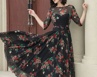 Black Floral Chiffon Dress, Swing Maxi Dress, Fit and flare Dress, Women's Summer Party Dress, Bridesmaid Dress, Custom Dress, Xiaolizi 5112 Black Floral Chiffon Dress, Swing Maxi Dress, Fit and flare Dress, Women's Summer Party Dress, Bridesmaid Dress, Custom Dress, Xiaolizi 5112