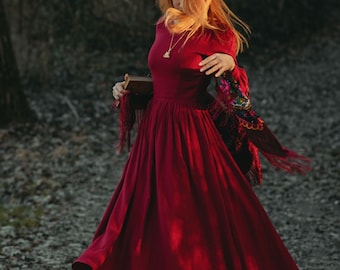 Frauen Maxikleid, weinrotes Leinenkleid, Vintage inspiriertes Kleid, Langarm Leinenkleid, Frühlingskleid, Gothic Kleid, Xiaolizi 5105