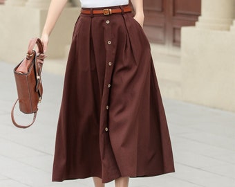 Jupe en lin, jupe midi, jupe marron boutonnée, jupe midi en lin pour femme, jupe trapèze, jupe grande taille avec poches, Xiaolizi 4949