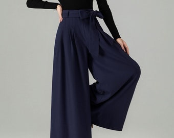 【OVERDUEFLAIR】WOOL WIDE PANTS_NAVY Wide Straight Cool Wool Pants with Elastic Waist