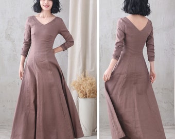 Maxi Linen Dress Women, Retro Medieval Dress, Long Sleeve swing Dress, V neck Long Swing Dress, Handmade Dress, Xiaolizi 3331
