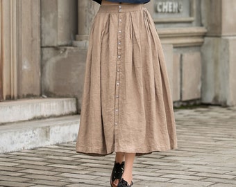 Khaki Linen Button Front Skirt, Plus Size Flowy Linen Skirt with Pocket, Causal Midi Skirt, Gathered Skirt, Pleated A Line Summer Skirt 3015