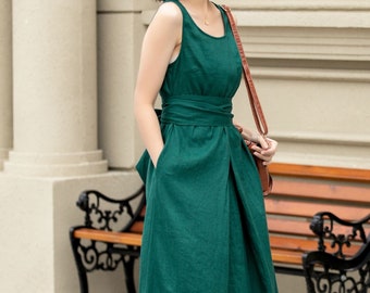 Robe d'été en lin, robe verte sans manches, robe midi décontractée en lin, robe en lin ceinturée avec poches, robe grande taille, robe personnalisée 4968