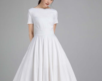 Robe blanche femme, Robe de mariée simple, Robe mi-longue en lin à manches courtes, Robe d'été de style nouveau, Robe de demoiselle d'honneur Boat Neck, Xiaolizi 2340 #