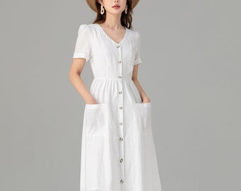 White dress, Linen dress, modest midi linen dress, casual summer Linen dress for women, wedding guest dress, Custom dress, Xiaolizi 4922#