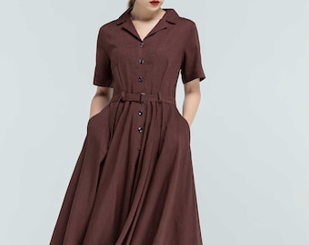 50s inspired shirtwaist Dress, short sleeve Cotton Linen swing dress, Summer women Button front dress, Custom day dress, picnic dress 2382#