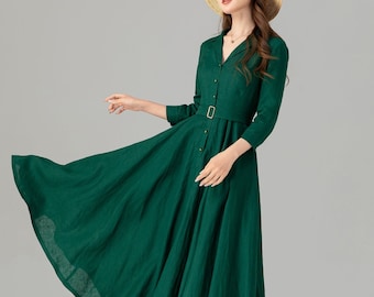 Robe en lin, robe chemise en lin, robe chemise évasée, robe de printemps, robe midi des années 1950 pour femme, robe ajustée et évasée, robe personnalisée, Xiaolizi4909