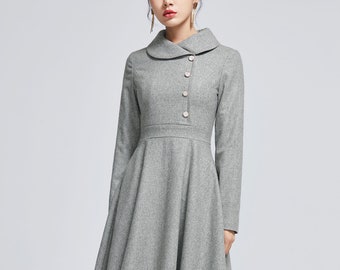 Vintage inspired wool dress, Winter wool dress, grey wool dress, womens dress, midi wool dress, fit and flare dress, handmade dress 2267