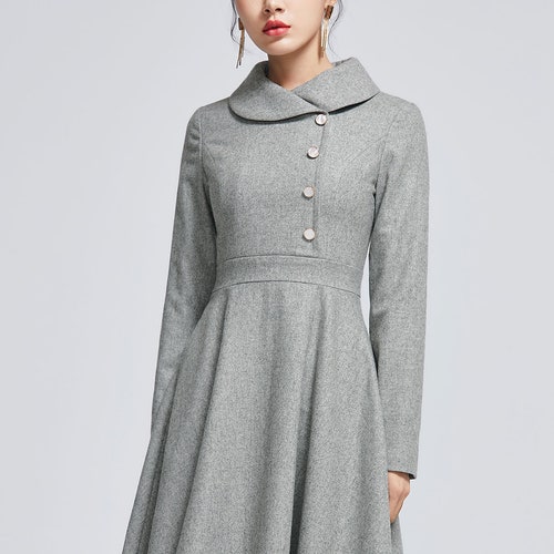 Vintage inspired wool dress, Winter wool dress, grey wool dress, womens dress, midi wool dress, fit and flare dress, handmade dress 2267#