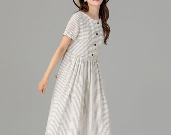 Striped linen dress for women, Linen Midi dress, Casual summer linen dress, Button up dress, A Line dress, Custom dress, Xiaolizi 4926#