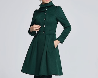 princess wool coat, button coat, fit and flare coat, elegant coat, womens coat, winter coat, green coat, long sleeves coat, warm coat 2277#