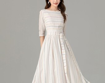 Robe en lin, robe en lin midi, robe en lin à rayures pour femme, robe d'été en lin décontractée, robe d'invité de mariage, robe sur mesure, Xiaolizi 4934