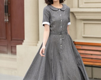 Leinen-Midikleid, graues Swing-Kleid, Hemdkleid für Damen, kurzärmliges Leinenkleid mit Knöpfen, Fit-and-Flare-Kleid, individuelles Kleid, Xiaolizi 4940