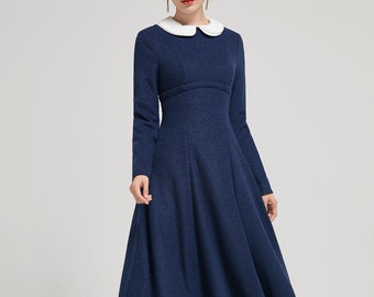 Wool dress, prom dress long blue, womens dresses casual, high waisted dress, fitted dress, evening dress, elegant dress, Xiaolizi 2298#
