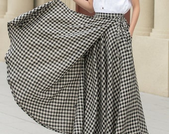 Linen skirt, Plaid maxi skirt, Swing linen skirt, Womens wrap skirt, Spring skirt, A line linen skirt, Tartan linen skirt, Xiaolizi 4946#