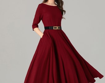 Linen dress, Red linen dress, Midi linen dress, Swing Linen dress, Womens dress, Party dress, Evening dress, Custom dress, Xiaolizi 4908