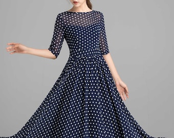 Blue and White Polka Dot chiffon Maxi Dress, Fit and Flare Chiffon dress, Summer dress, Women dress, Bohemia dress, Party dress 2354#