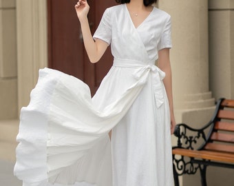 Linen Dress, Wrap Linen dress, Wedding dress, Linen Maxi dress, Womens dress, Summer Linen dress with pockets, Custom dress, Xiaolizi 4895#