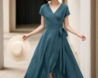 Wickelleinenkleid, Kurzarm-Wickelkleid aus grünem Leinen, Sommerleinen-Midikleid, Damenkleid, Langes Leinenkleid, handgemachtes Leinenkleid 5142#