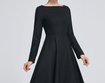 little black dress, wool dress, winter dress for women, long wool dress, classic dress, womens dresses, fitted dress, elegant dress 2274#