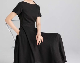 Litter zwarte jurk, zwarte jurk, fit en flare linnen midi jurk, vrouwen jurk, jurk met zakken, boothals deel jurk, cocktail jurk 2343#