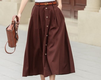 Abbigliamento da ufficio, gonna di lino, gonna di lino con bottoni sul davanti, gonna midi marrone da donna, gonna a trapezio, gonna taglie forti con tasche, Xiaolizi 4949#