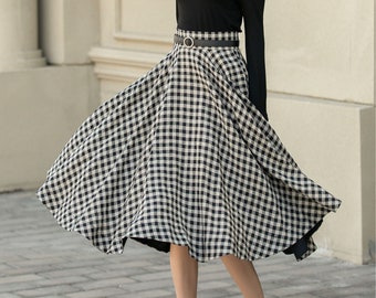 Midi linen plaid skirt, Swing linen skirt, Linen circle skirt, Spring skirt women, A-line linen skirt, Tartan linen skirt, Xiaolizi 4901