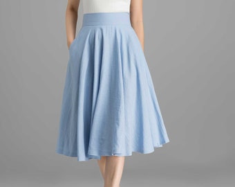 High waist skirt, Summer blue midi Skater skirt, Circle skirt, Linen skirt, 50s skirt, flared skirt with pockets, womens skirts 2367#