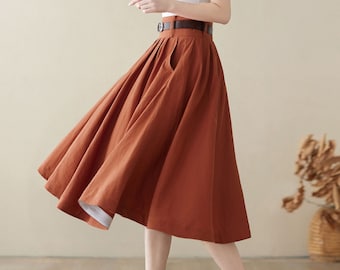 Linen Full Circle Skirt with Pockets, Pleated High Waist Skirt Women, Swing Midi Skirt, Summer Skater Skirt, Flared Knee Length Skirt 4973