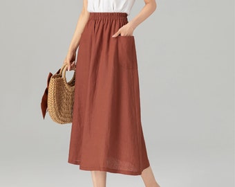 Linen skirt, Linen midi skirt, A line skirt, Spring linen skirt, Linen skirt for women, Rust red linen skirt, Custom skirt, Xiaolizi 4905