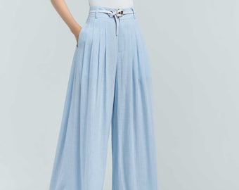 Wide leg Cotton Linen Palazzo pants, Casual Bohemian Style Skirt Pants, Linen pants, Linen pants women, Blue pants, Summer pants outfit 2374