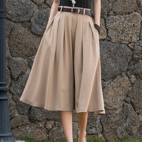 Pleated  swing midi skirt, Midi Linen Skirt, Swing Linen Skirt With Pockets, Womens Skirt, A Line skirt, Xiaolizi, Handmade skirt 2882#