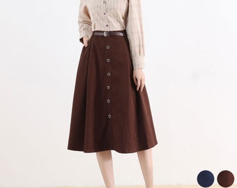 Brown Button Midi Skirt, A Line Swing Skirt, High Waisted Skirt, Women Skirt, Skirt with Pockets, Plus Size Skirt, Midi Skirt Xiaolizi 2521