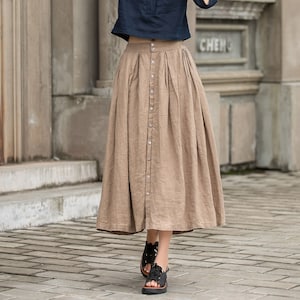 Khaki Linen Button Front Skirt, Plus Size Flowy Linen Skirt