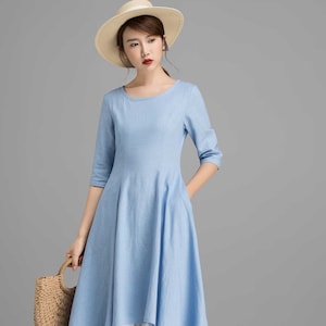 Linen dress, High Low Midi dress, Blue dress, Womens dresses, Swing dress with pockets, A Line party dress, Casual dress, House dress 2360 image 2