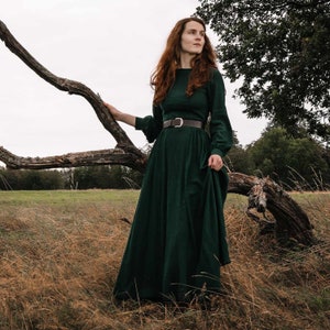 Women Vintage inspired Medieval dress, Long sleeve Linen maxi dress, Green dress, Long dress, Modest dress, Gothic dress, Autumn dress 3125 image 3