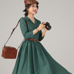 Linen shirt dress, Women’s Green Linen Midi dress, A Line swing dress, Belted Linen dress, Spring dress, Custom Work dress, Xiaolizi 5720#