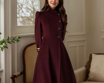 Casaco longo de lã bordô, casaco de inverno feminino, casaco feminino, casaco de lã linha A, casaco swing, casaco midi, sobretudo, casaco feito à mão, Xiaolizi 4027