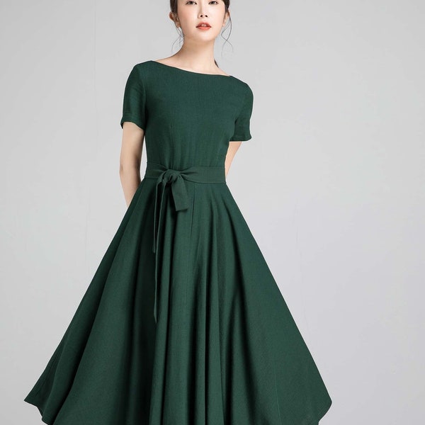Short sleeve Linen dress, Green dress, Fit and flare dress, 1950s dress, Summer dress, swing dress, Mother of the bride dress 2349#