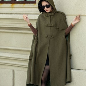 Handmade Military green wool winter cape coat with hood 5351 Handmade Military green wool winter cape coat with hood 5351