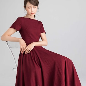 Fit and Flare Midi Dress in Burgundy, Boat Neck Swing Dress With ...