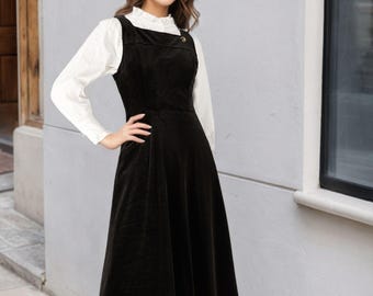 Corduroy Jumper Dress 90s Black Midi Pinafore Dress Low Armhole Button Side Overall  Dress Grunge Pocket Sleeveless Day Vintage 1990s Small S - Etsy