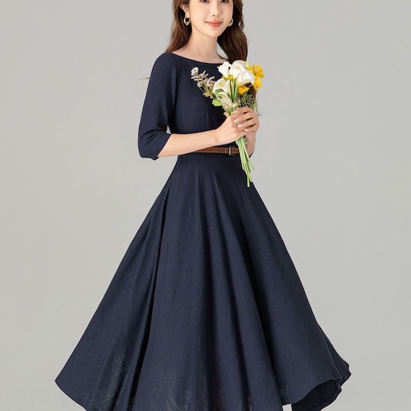 Linen dress, Midi linen dress, Linen swing dress, Blue linen skirt, Womens dress, Modest dress, Party dress, Custom dress, Xiaolizi 4906