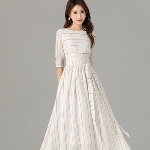 Linen dress, Midi linen dress, Womens Striped linen dress, Casual Summer linen dress, wedding guest dress, Custom dress, Xiaolizi 4934 image 1